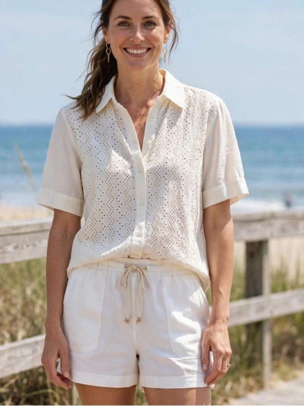 Emma & James Blouse Vintage S Ivory Eyelet Linen Button Up Summer Coastal Shirt